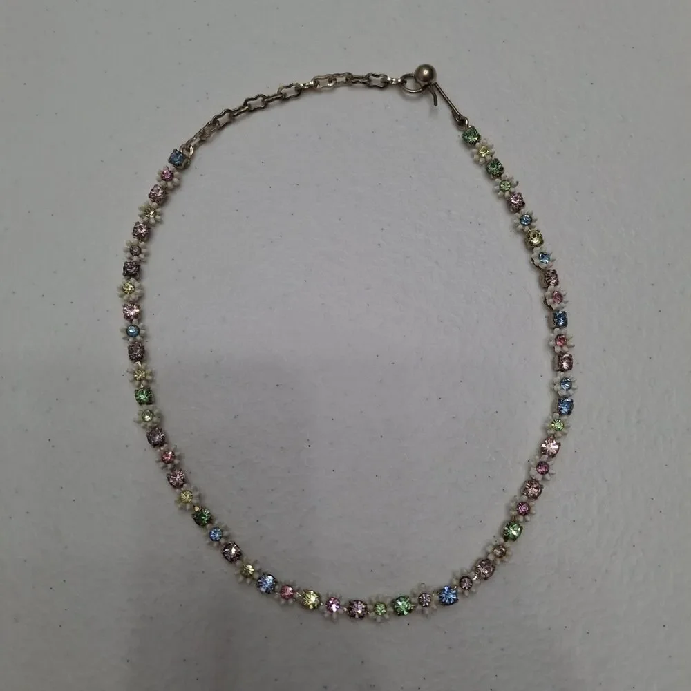 White Pink Blue Rhinestone Silver Tone Flower Floral Rhinestone Choker Necklace